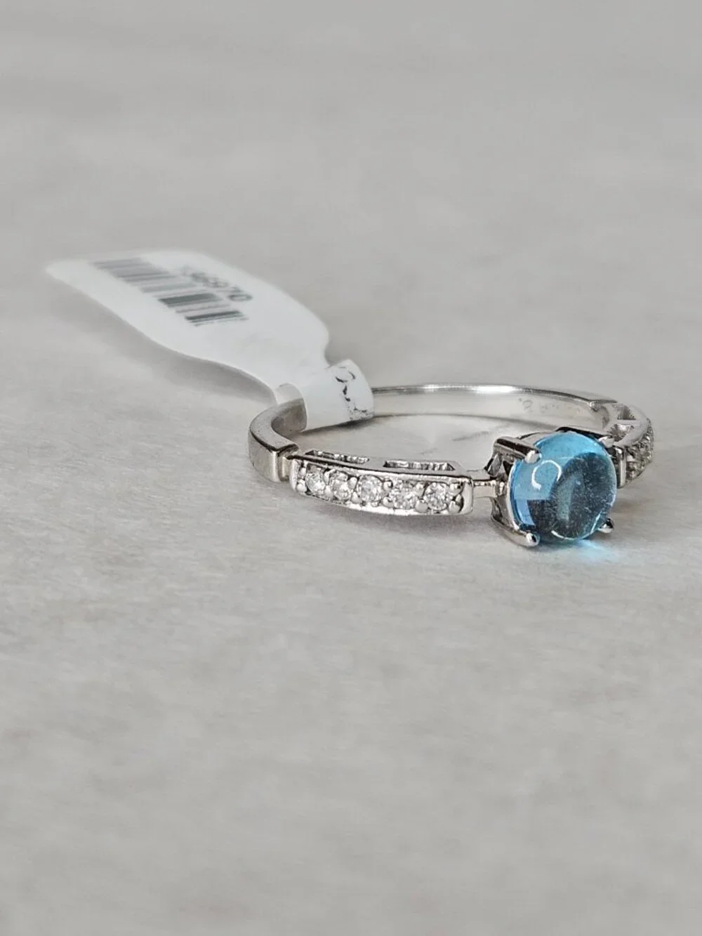 Sonia B 14K White Gold Cabochon Blue Topaz 5mm & Diamond Ring Band Size 9